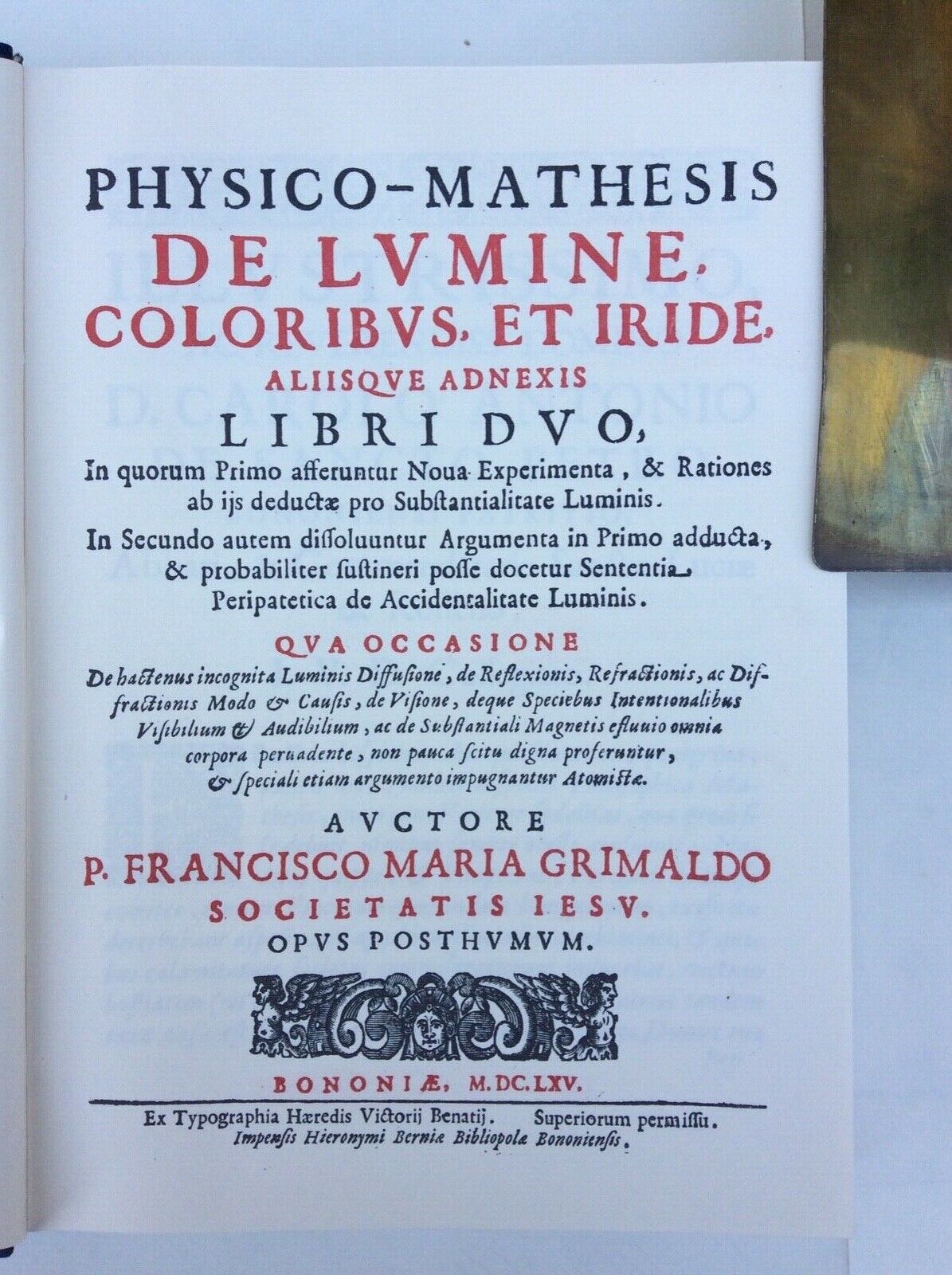 PHYSICO-MATHESIS DE LUMINE, COLORIBUS, ET IRIDE. GRIMALDI.  Anastatica Forni