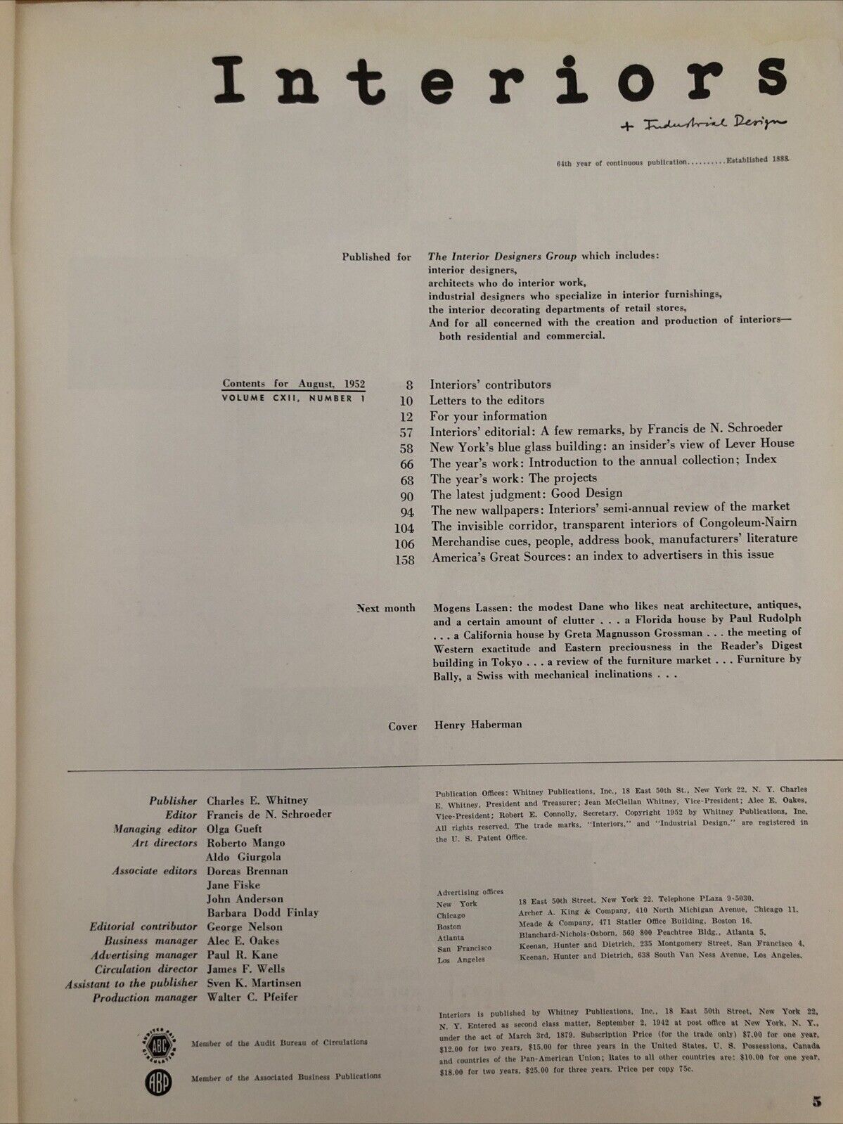 INTERIORS MAGAZINE JULY 1952 Olga Gueft - Interiors, design, architecture.