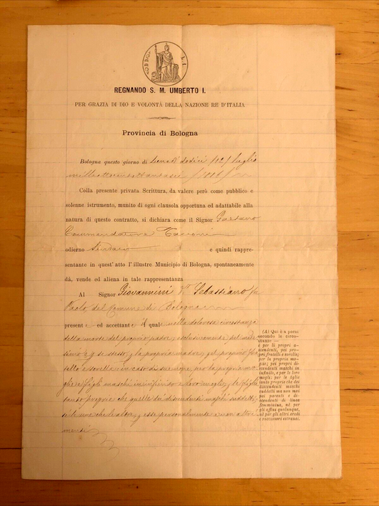 Antico documento Bologna 1886 Sindaco Gaetano Tacconi, vendita sepolcro Famiglia