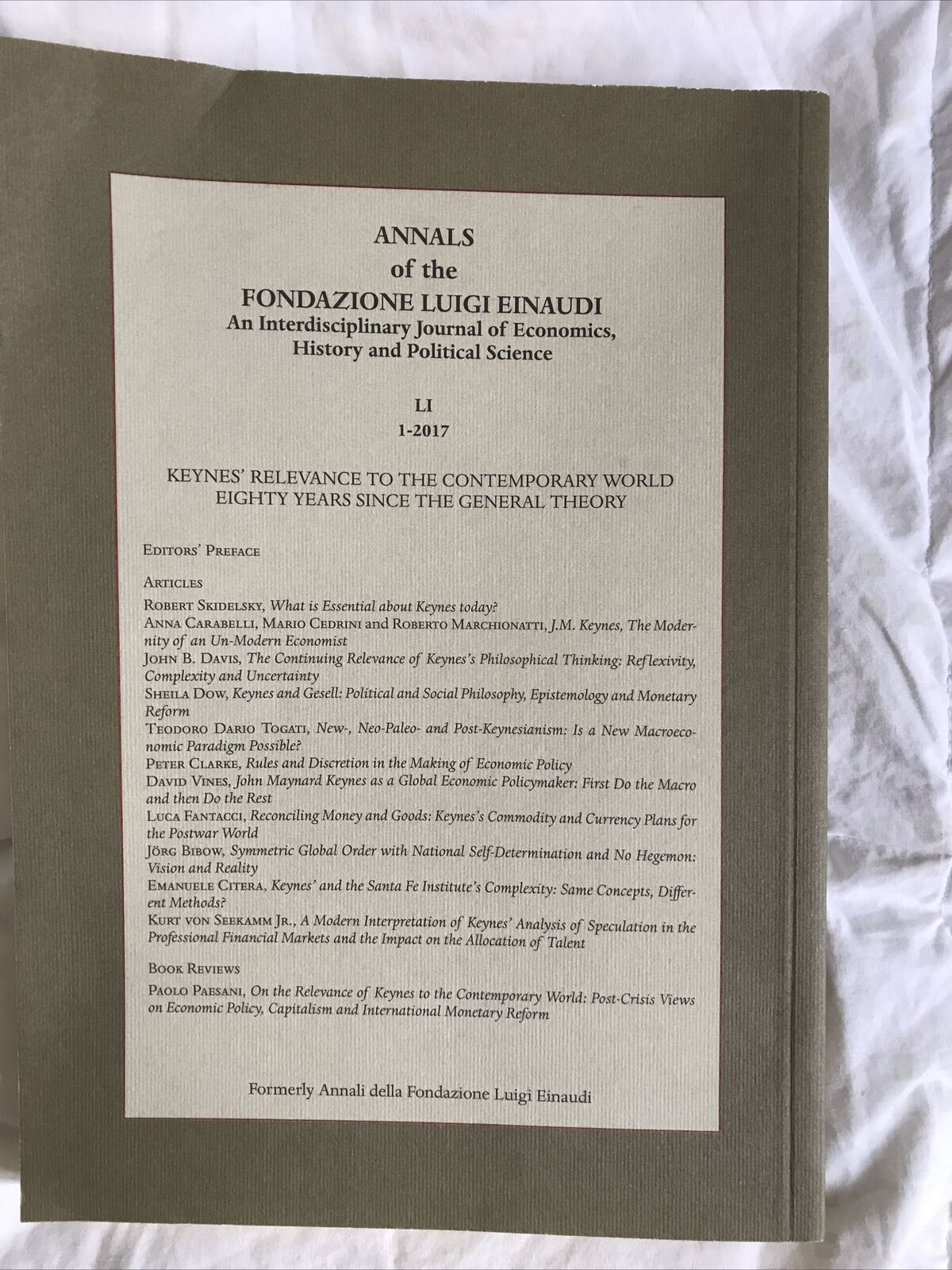 ANNALS OF THE FONDAZIONE LUIGI EINAUDI LI 1- 2017, Journal of economics history 
