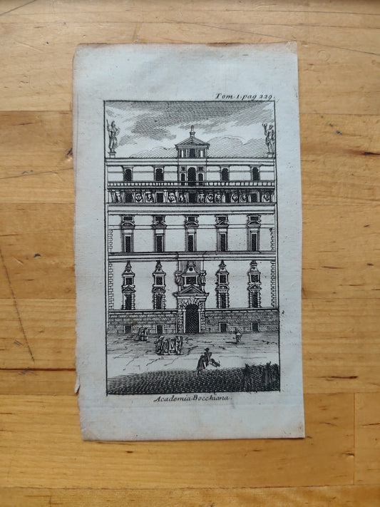 Academia Bocchiana Bologna - Piccola stampa incisione ottocentesca 17x9cm