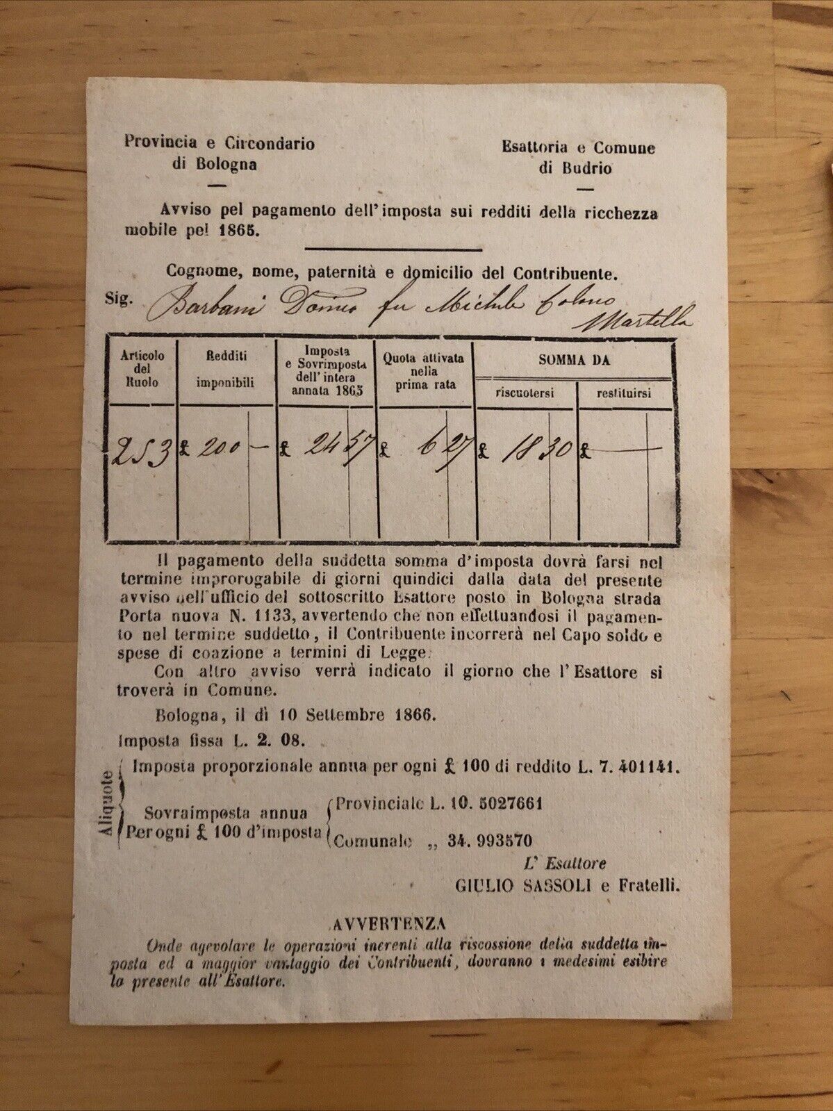 Bologna - Budrio antico documento 1865 pagamento imposta redditi della ricchezza