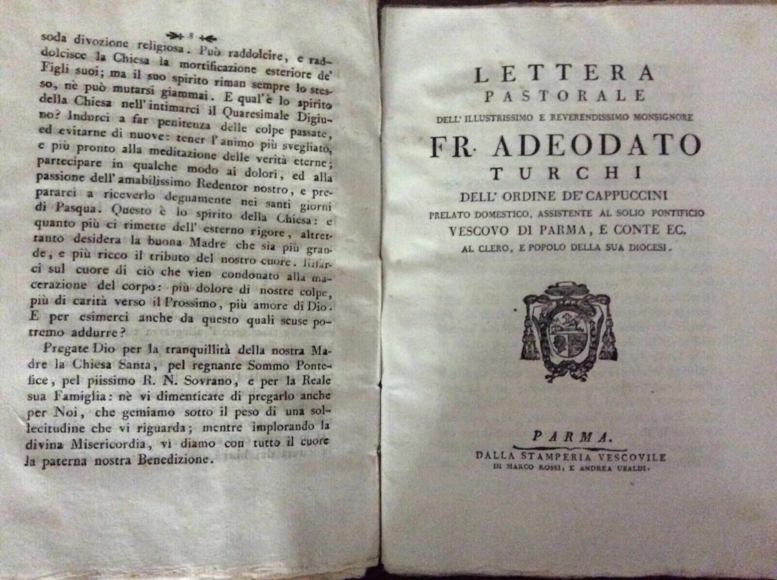 ADEODATO TURCHI - OMELIE E LETTERE PASTORALI Parma stamperia vescovile 1788-1794