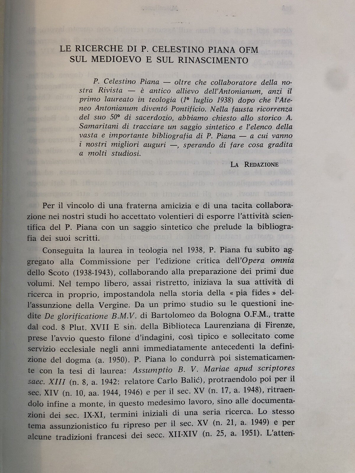 Le ricerche di P. Celestino Piana ofm sul medioevo e sul rinascimento Samaritani