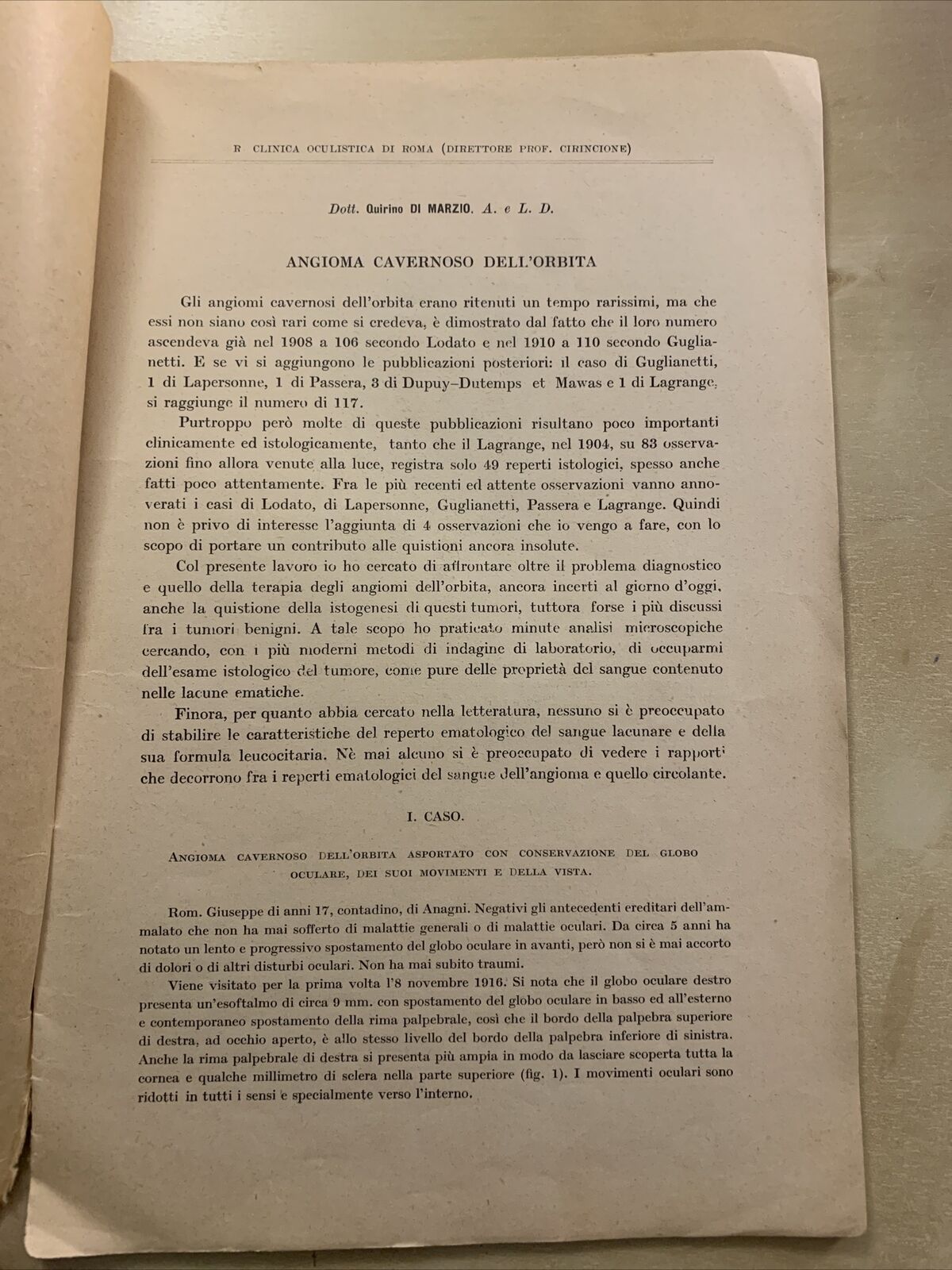 ANGIOMA CAVERNOSO DELL'ORBITA - Quirino di Marzio. Oculistica Oftalmologia 1923
