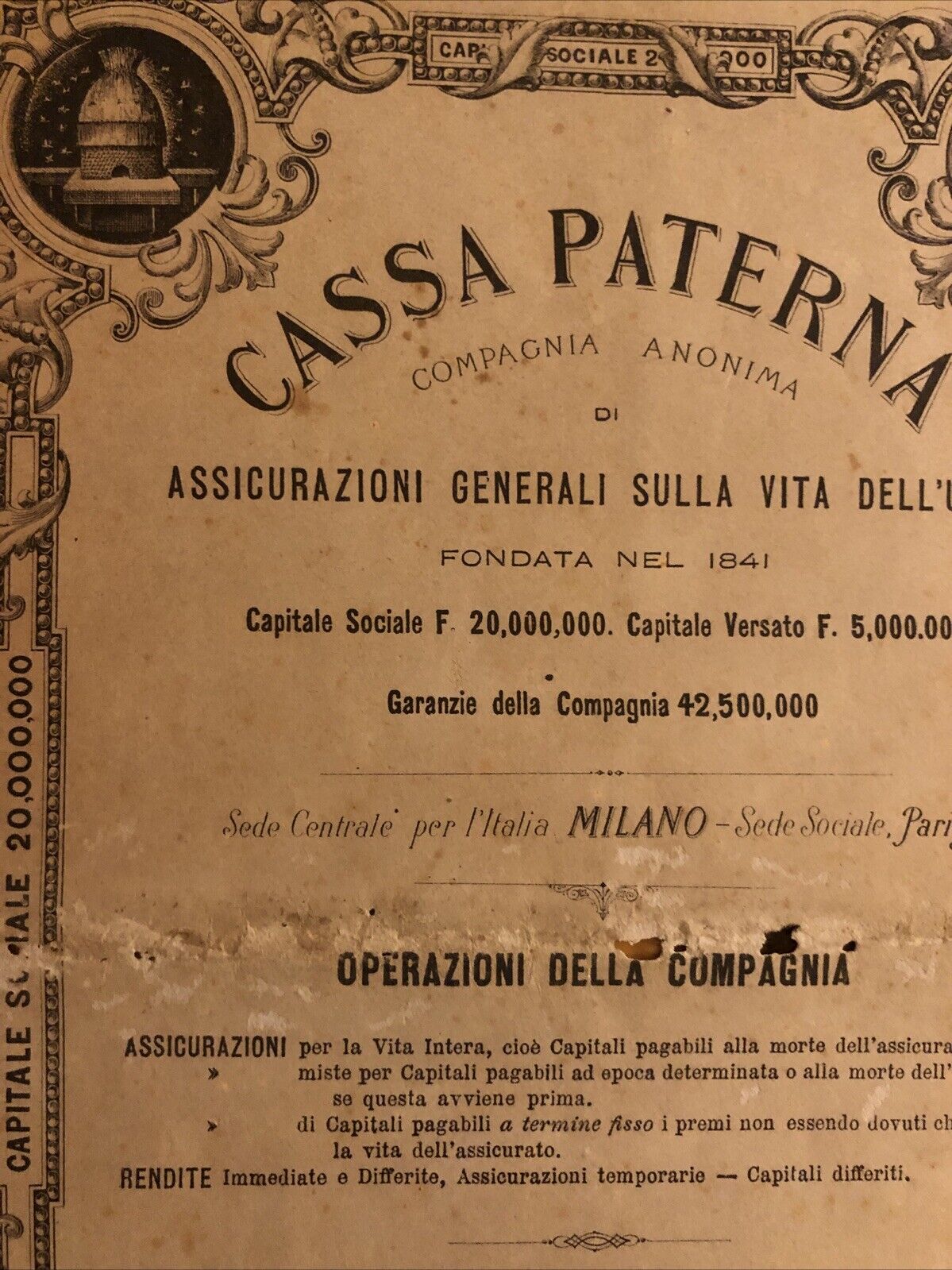 DOCUMENTO assicurativo antico 1890 ca. Paterna. incendio esplosione