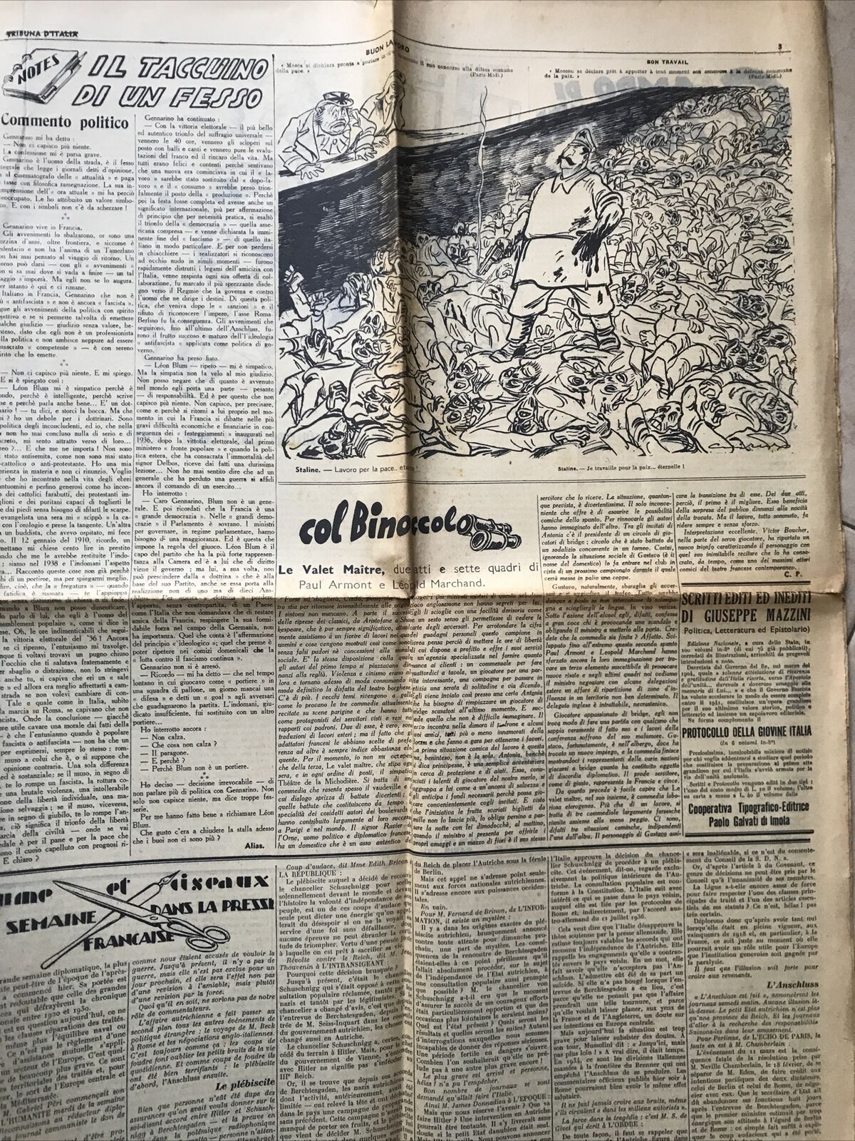 TRIBUNA D'ITALIA anno 2. N 13 - 20 marzo 1938. SATIRA POLITICA