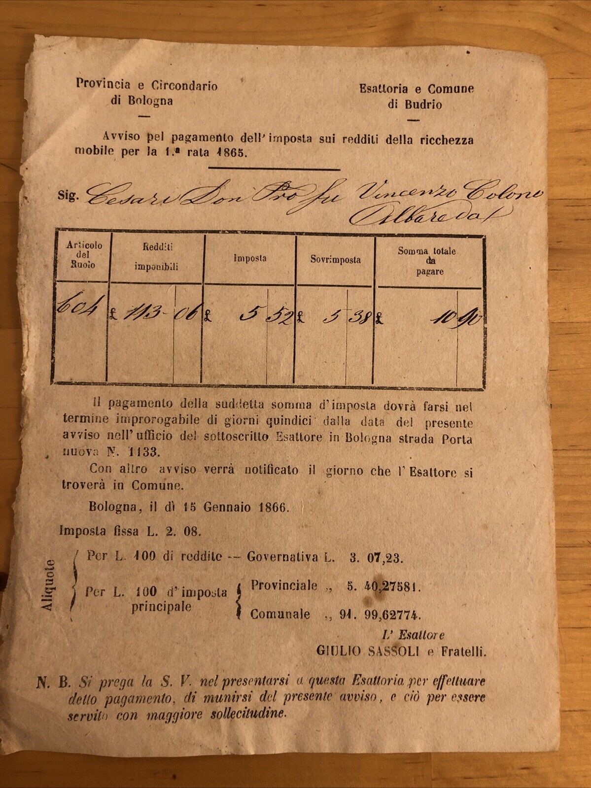 Bologna - Budrio antico documento 1865 pagamento imposta redditi della ricchezza