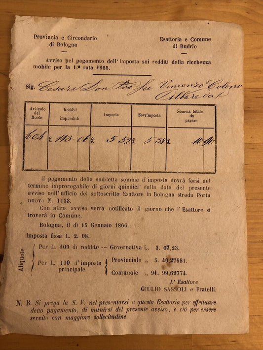 Bologna - Budrio antico documento 1865 pagamento imposta redditi della ricchezza
