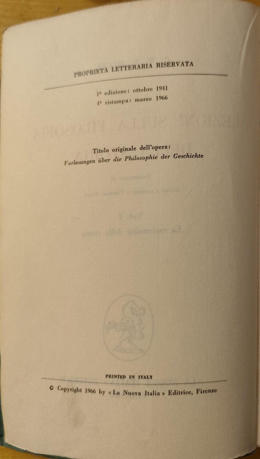 Lezioni sulla filosofia della storia volume 1 primo, Hegel, La Nuova Italia 1966