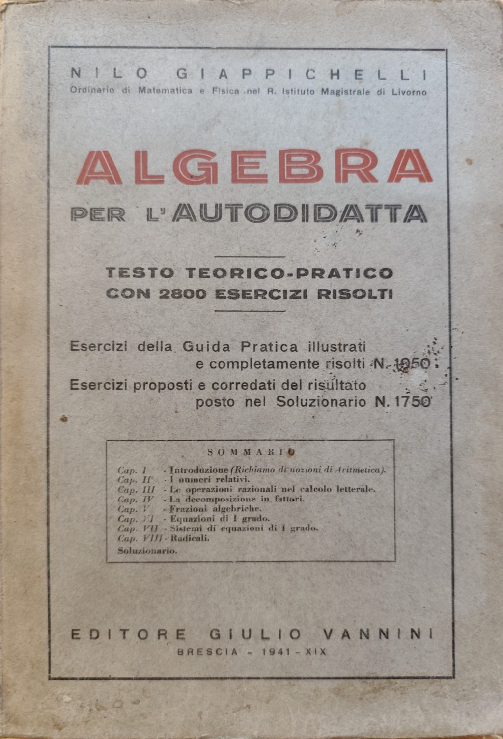 Algebra per l'autodidatta, Nilo Giappichelli - Giulio Vannini editore 1941