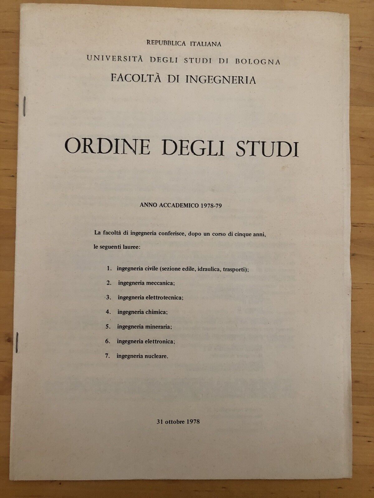 Università di Bologna - Facoltà di ingegneria. anno accademico 1978 1979