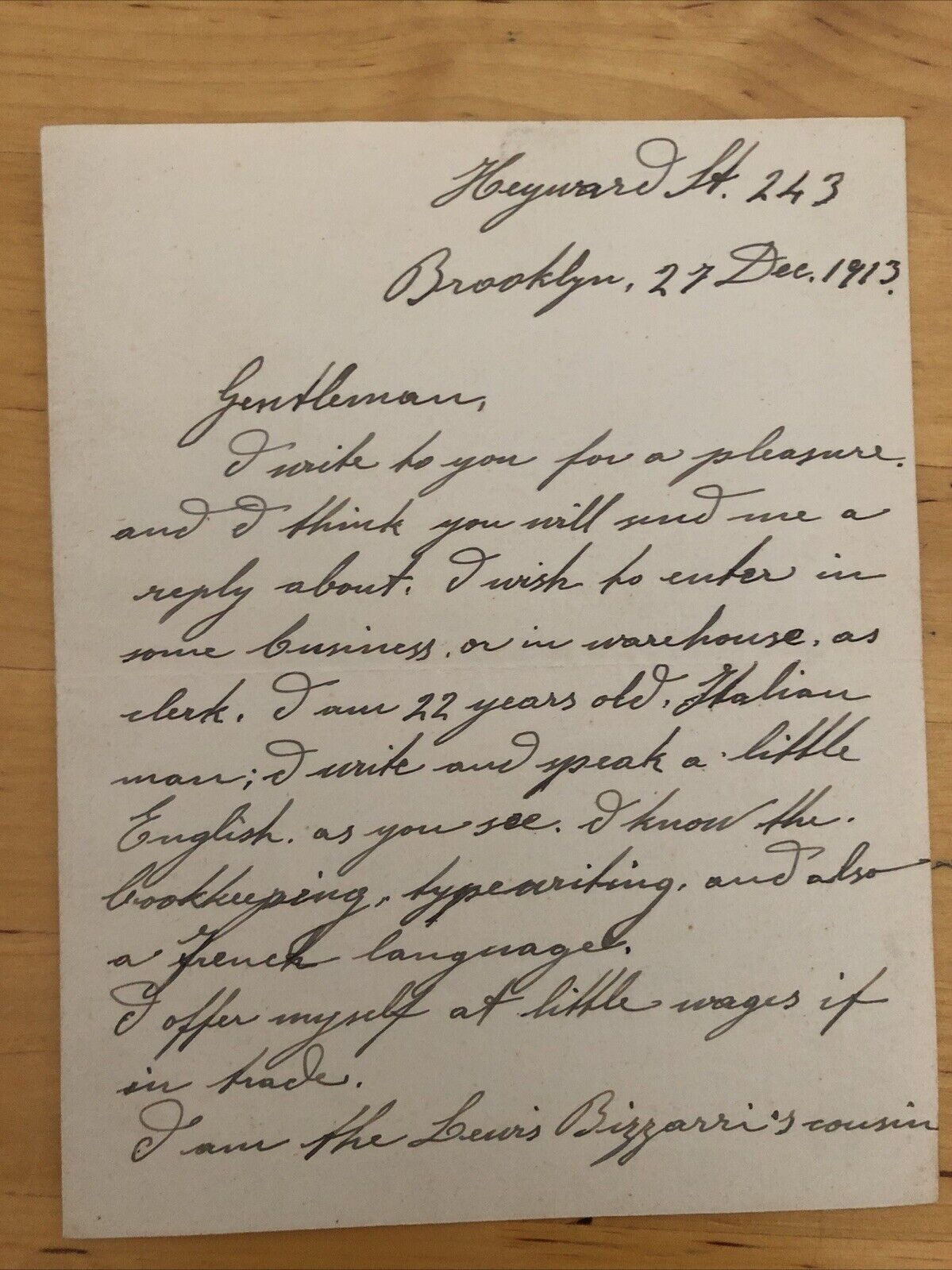 Lettera di Italo Americani - Brooklyn 27 December 1913