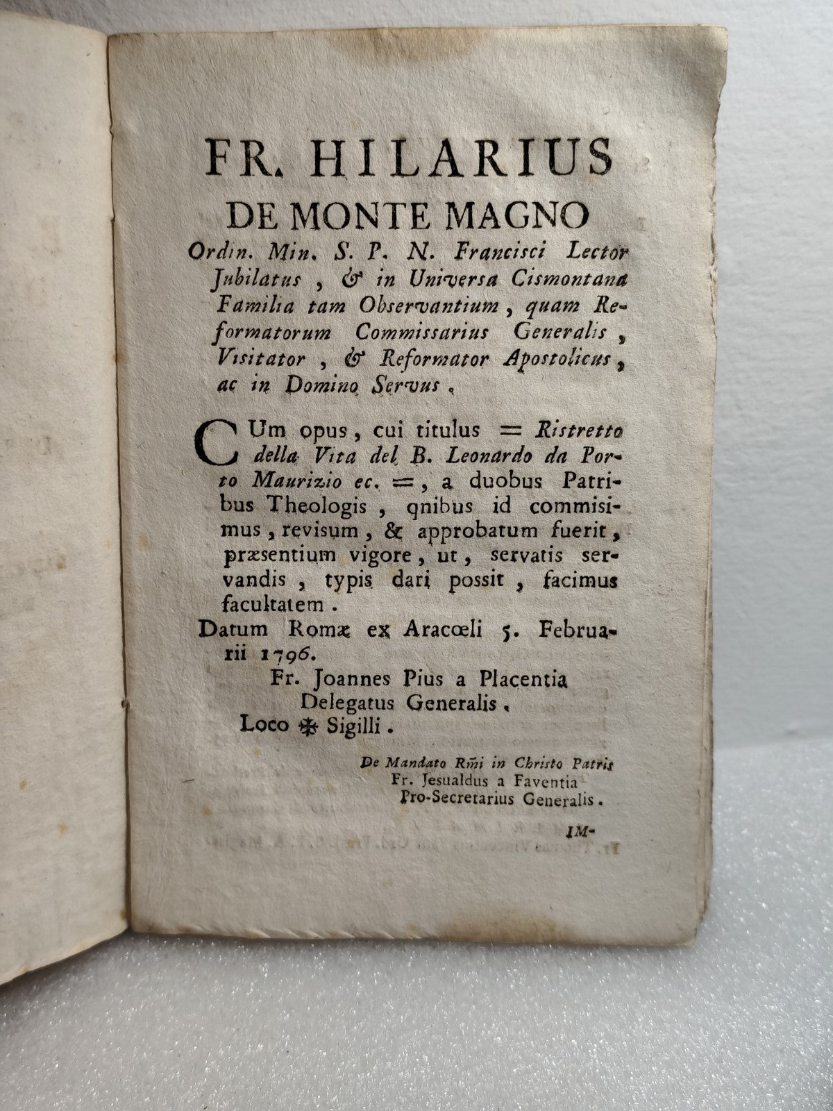 Ristretto della vita del B. Leonardo da Porto Maurizio missionario Apost. 1796
