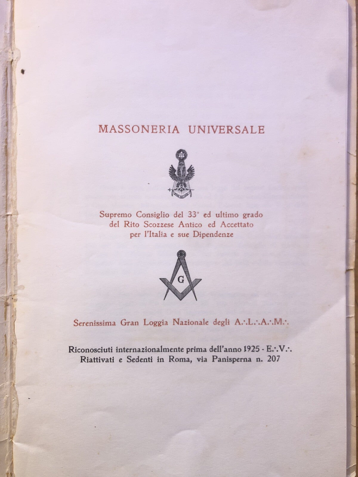 Massoneria Universale supremo consiglio del 33 ed ultimo grado del rito . . 1954
