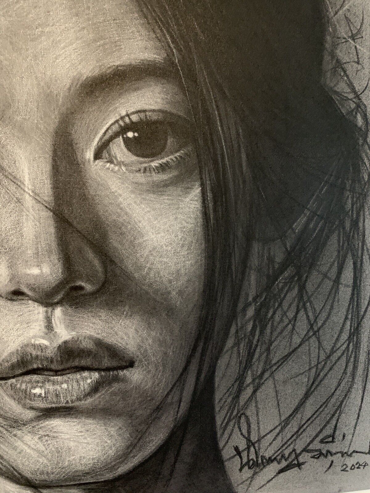 Woman portrait Painting large -Mixed media, charcoal and pastel 100 x 100 cm