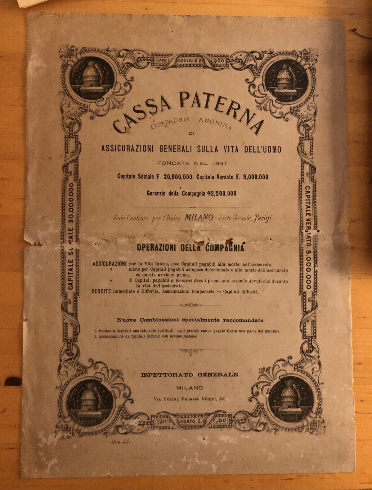 DOCUMENTO assicurativo antico 1890 ca. Paterna. incendio esplosione