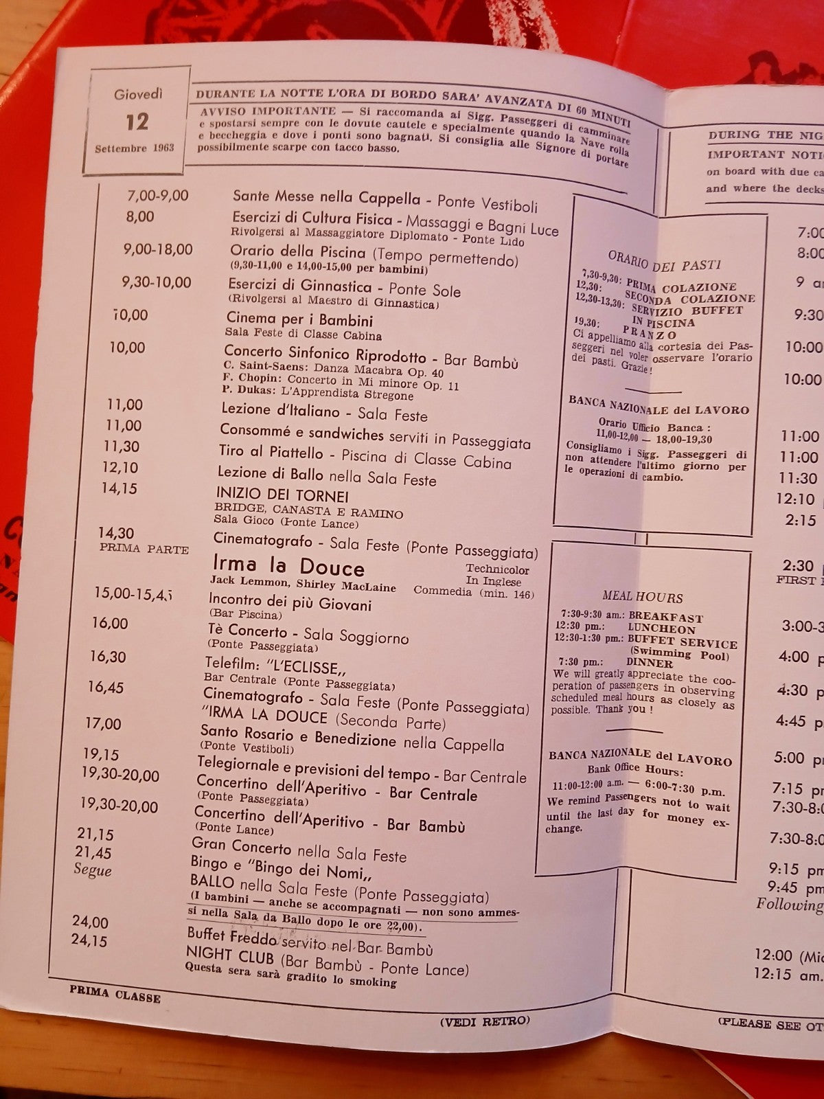 Italia Navigazione C. Colombo Italian line programma della giornata - 9 pz. 1963