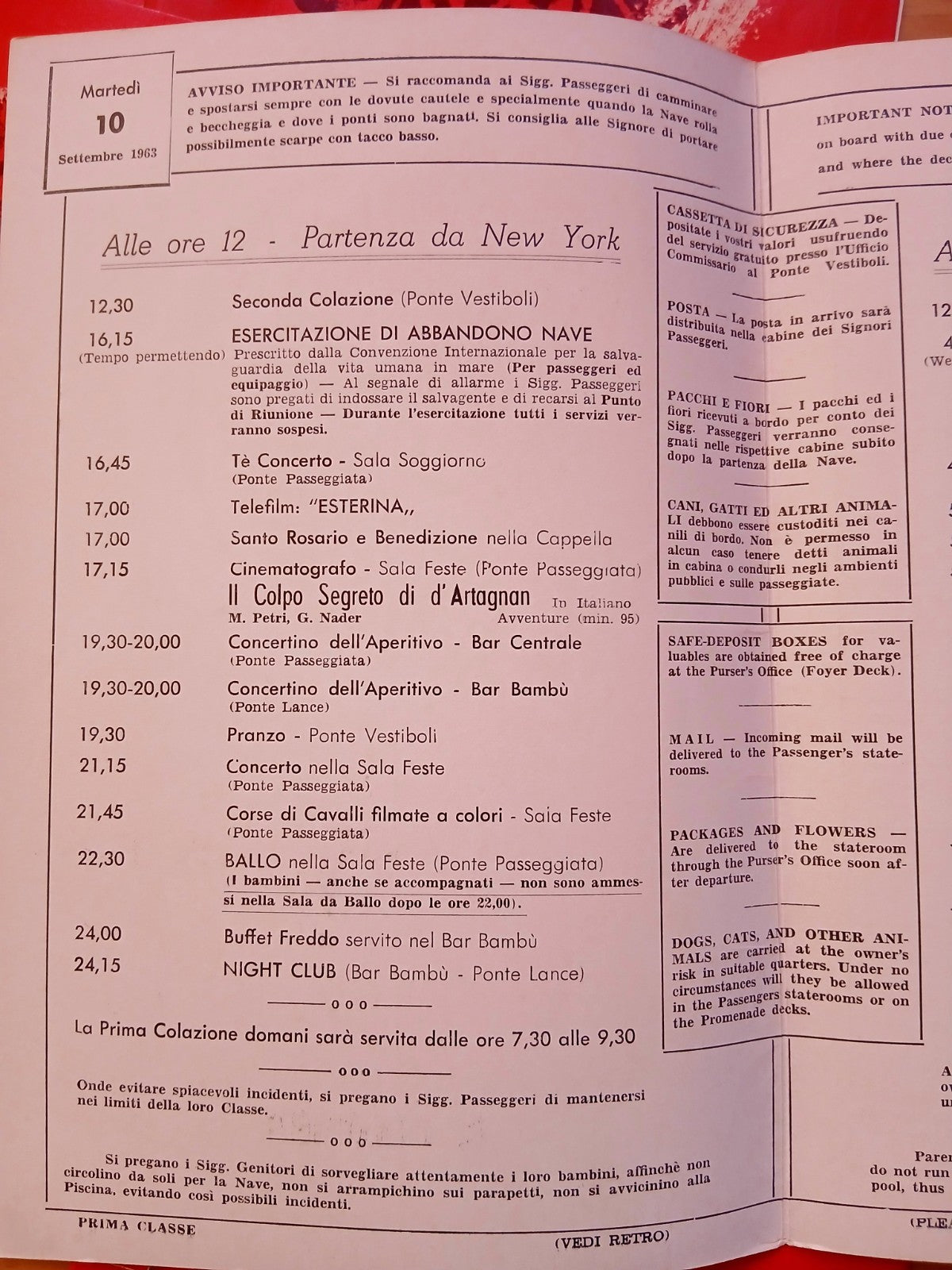 Italia Navigazione C. Colombo Italian line programma della giornata - 9 pz. 1963
