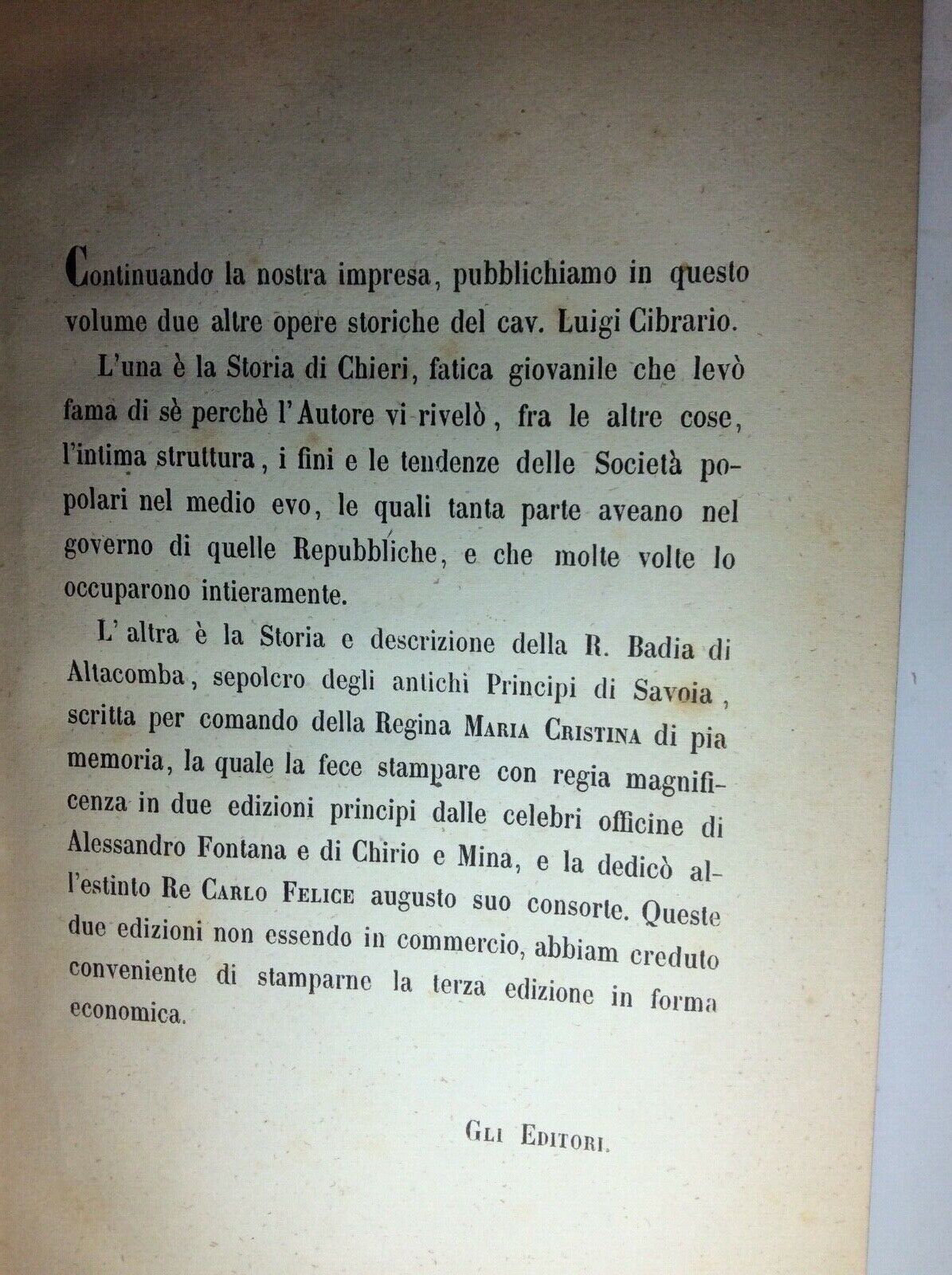 STORIE MINORI DI LUIGI CIBRARIO  CHIERI REAL BADIA D'ALTACOMBA 1855 