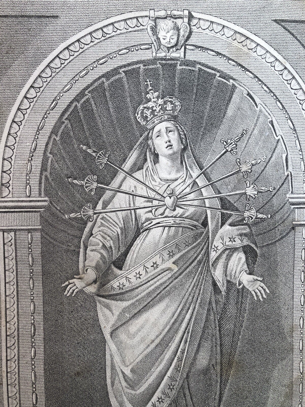 Incisione stampa antica B. V. addolorata Bologna chiesa dei Servi - Rinaldi F.