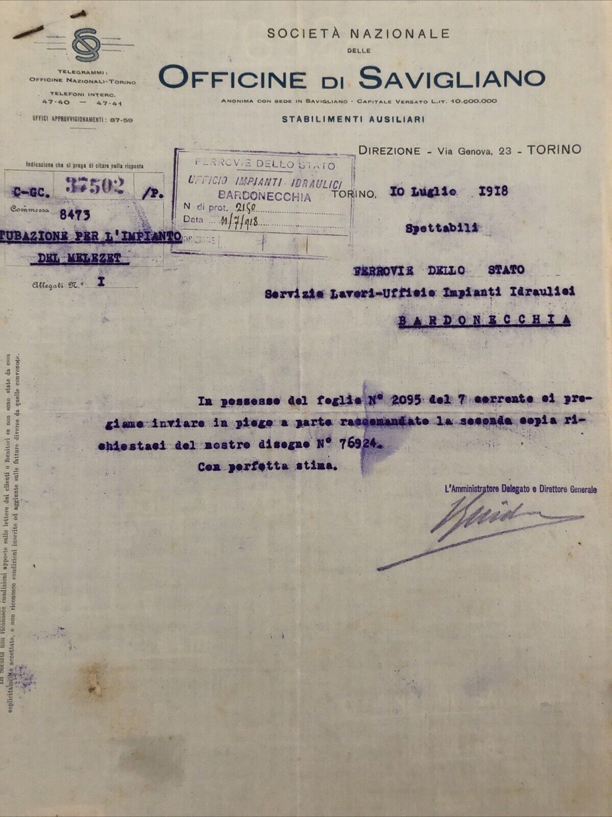 FERROVIE DELLO STATO - BARDONECCHIA impianti idroelettrici 1918