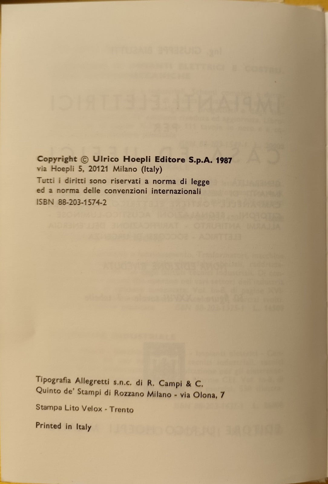 Impianti elettrici per casa ed uffici - G. Biasutti, Hoepli 1987