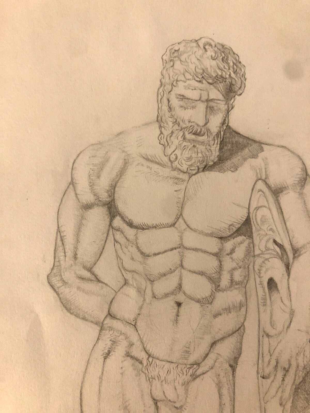 Original pencil drawing Hercules - Classical sculpture, Academic Figure study