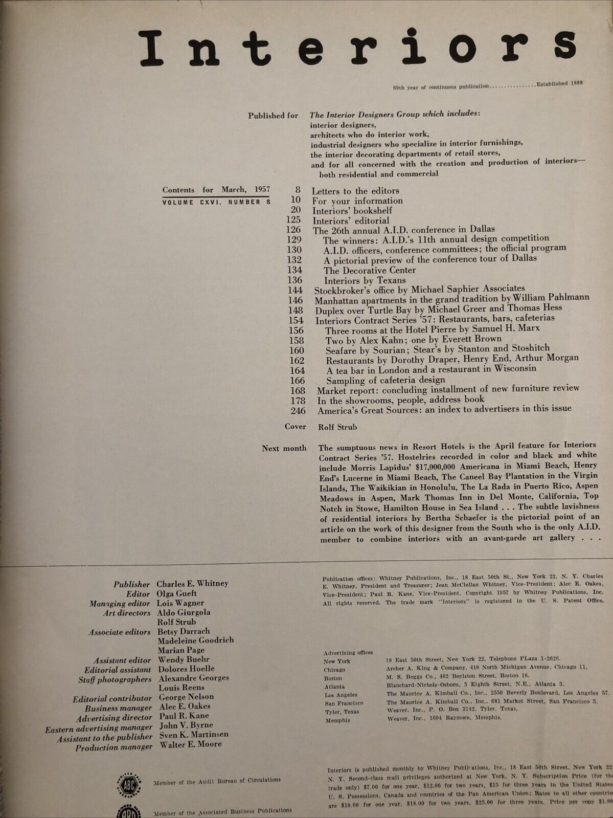 INTERIORS MAGAZINE MARCH 1957 Olga Gueft - Interiors, design, architecture.