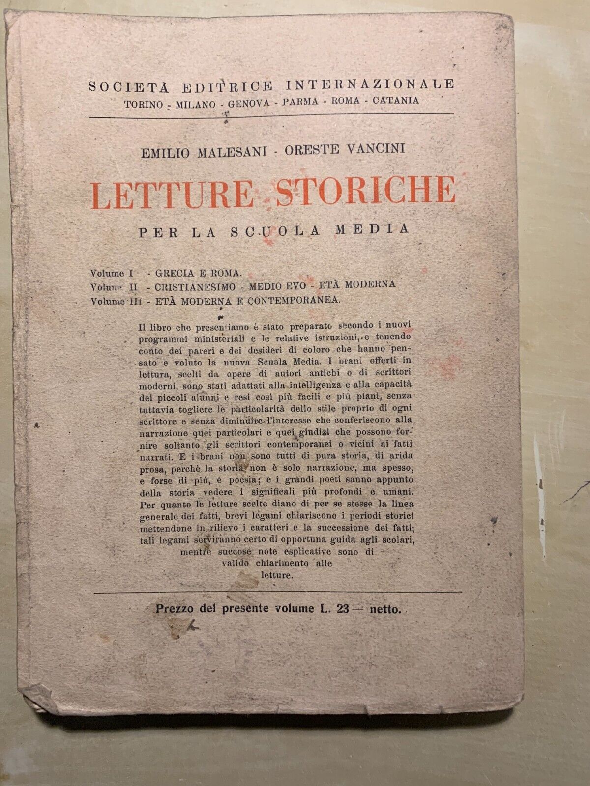 LETTURE STORICHE PER LA SCUOLA MEDIA - EMILIO MALESANI, ORESTE VACINI #