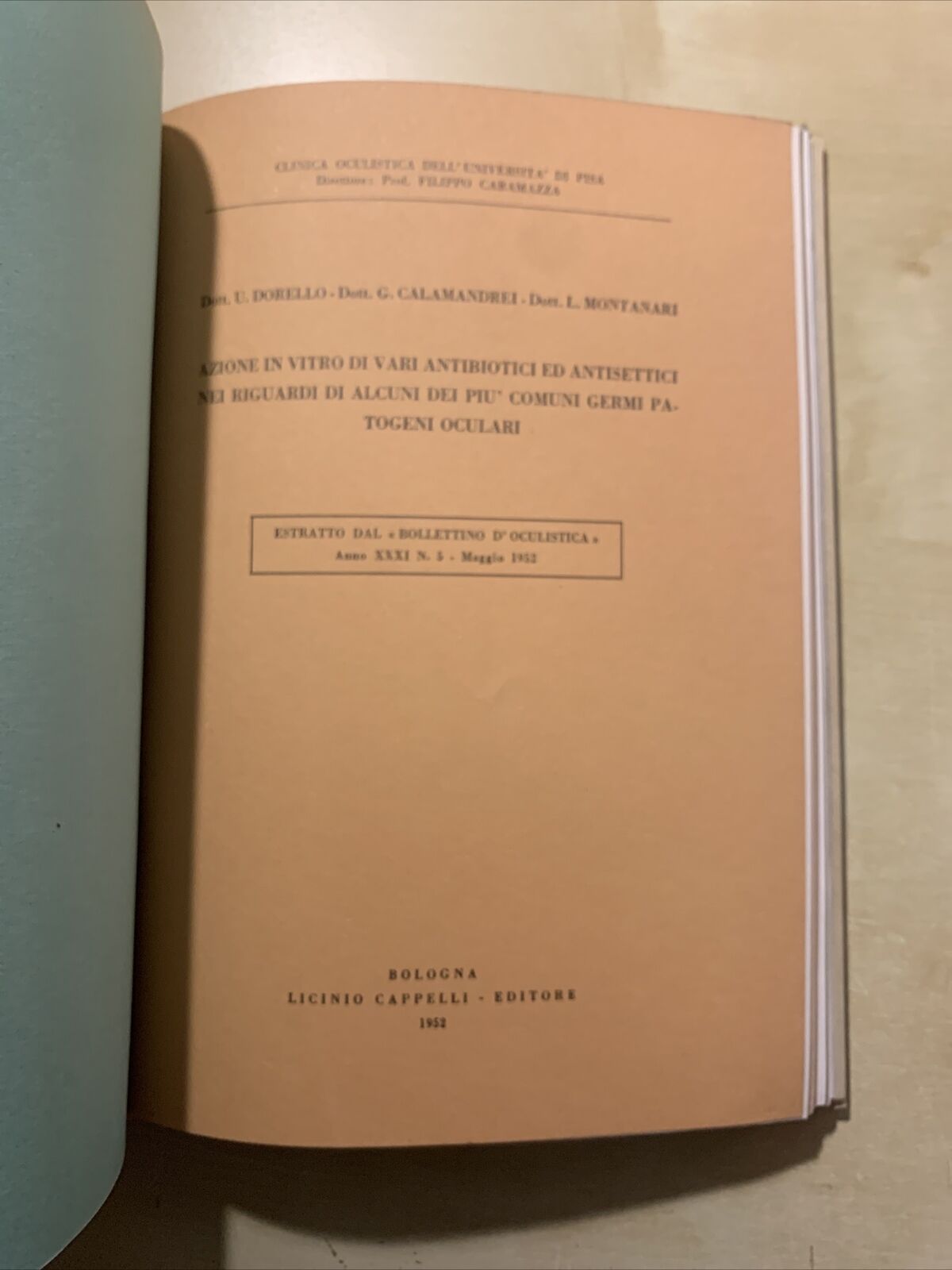 CLINICA OCULISTICA UNIVERSITÀ DI PISA - PUBBLICAZIONI 1951 - 1952. F. Caramazza