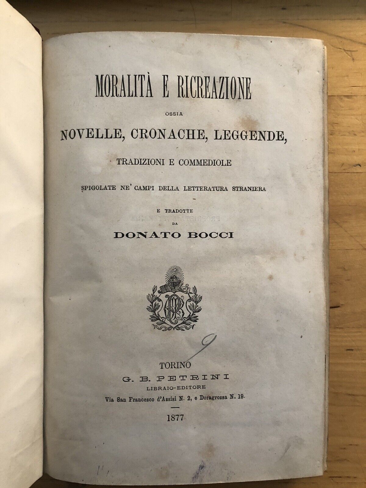 BOCCI DONATO - Moralità e ricreazione - Novelle Cronache Leggende  1877