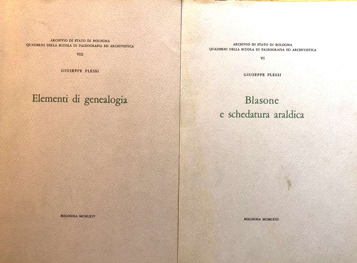 Plessi Giuseppe - elementi di genealogia, Blasone e schedatura Araldica 2 voll.