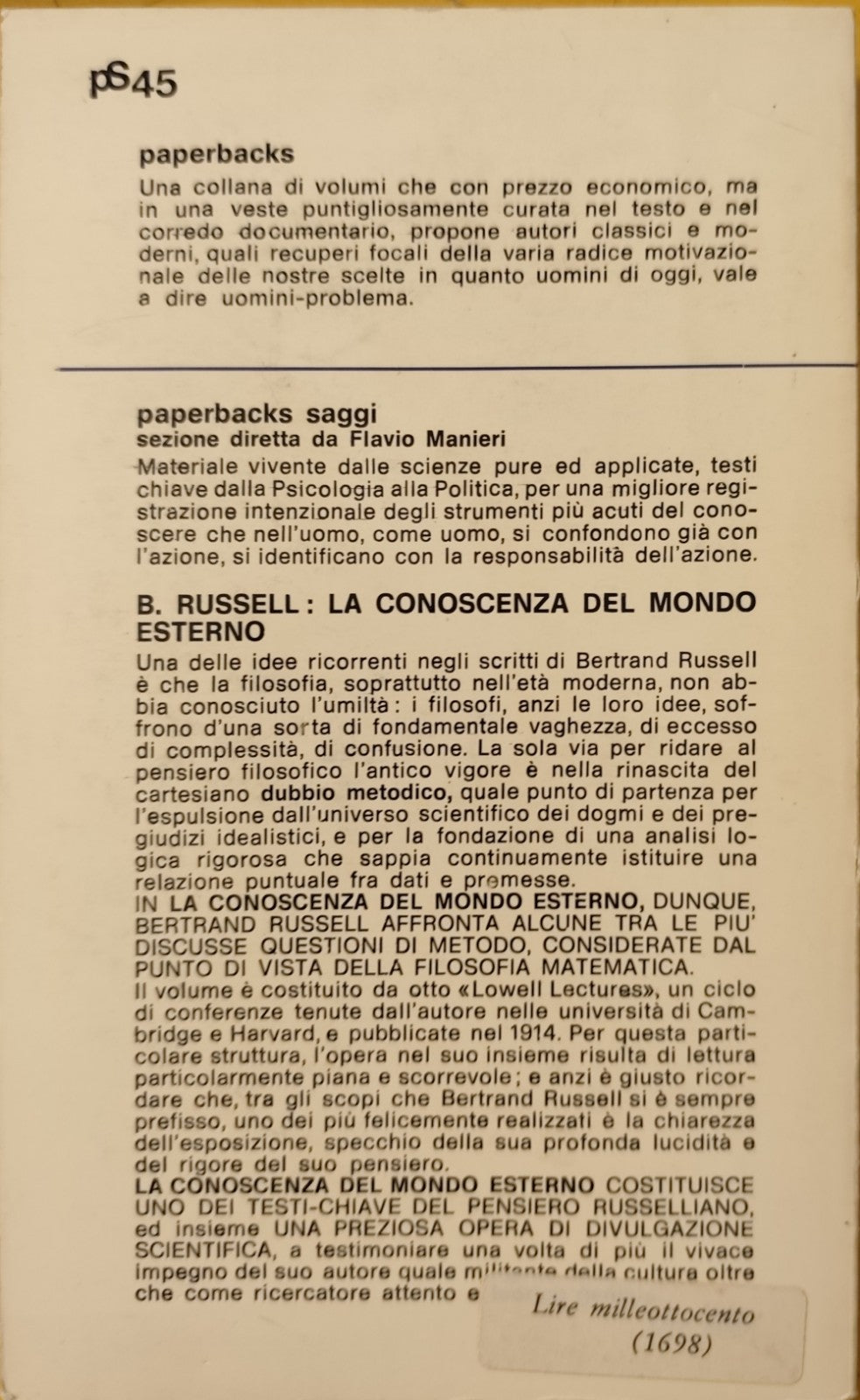 La conoscenza del mondo esterno Bertrand Russel, Newton Compton 1971