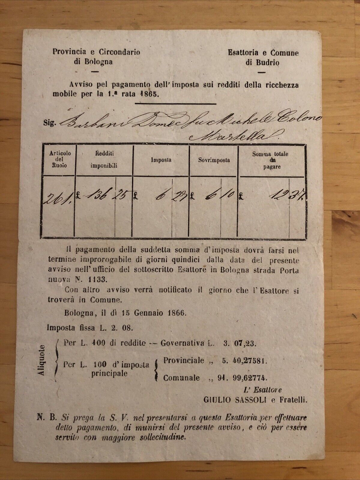 Bologna - Budrio antico documento 1865 pagamento imposta redditi della ricchezza