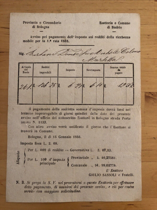 Bologna - Budrio antico documento 1865 pagamento imposta redditi della ricchezza
