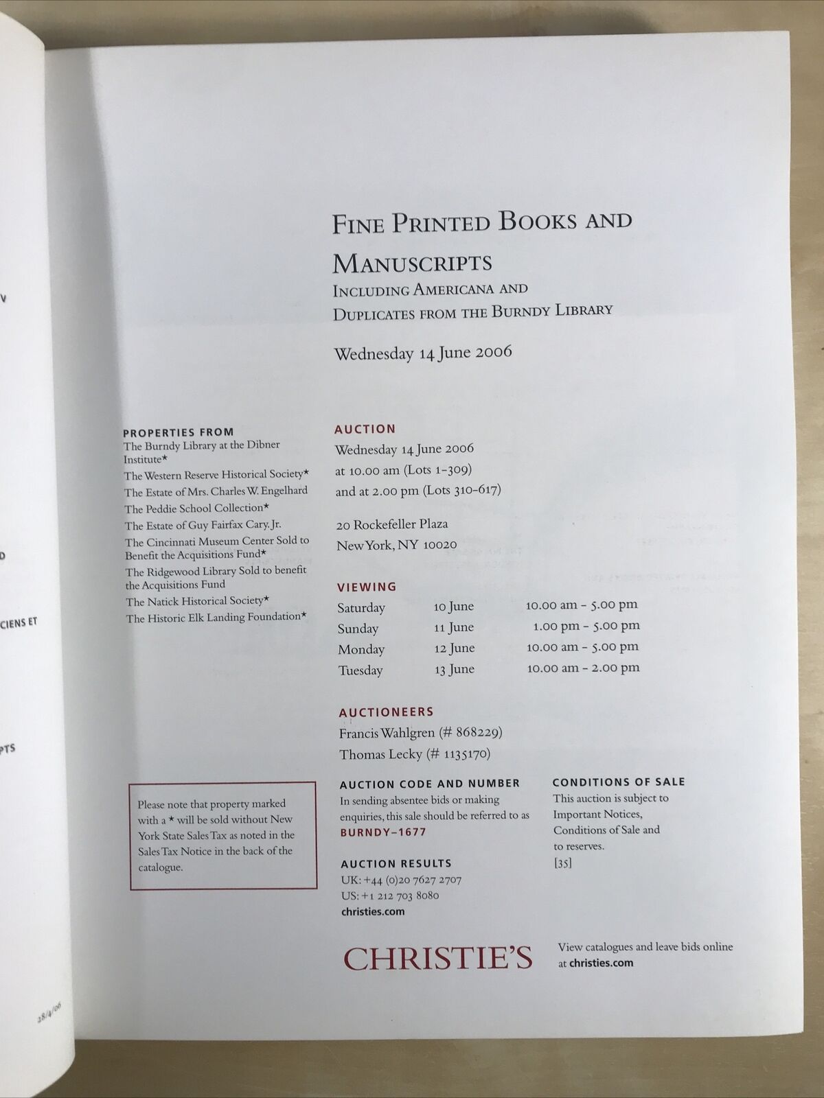 Fine Printed Books Manuscripts including Americana AUCTION CATALOG Christie's