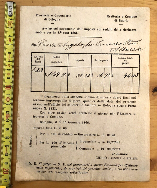 Bologna - Budrio antico documento 1865 pagamento imposta redditi della ricchezza