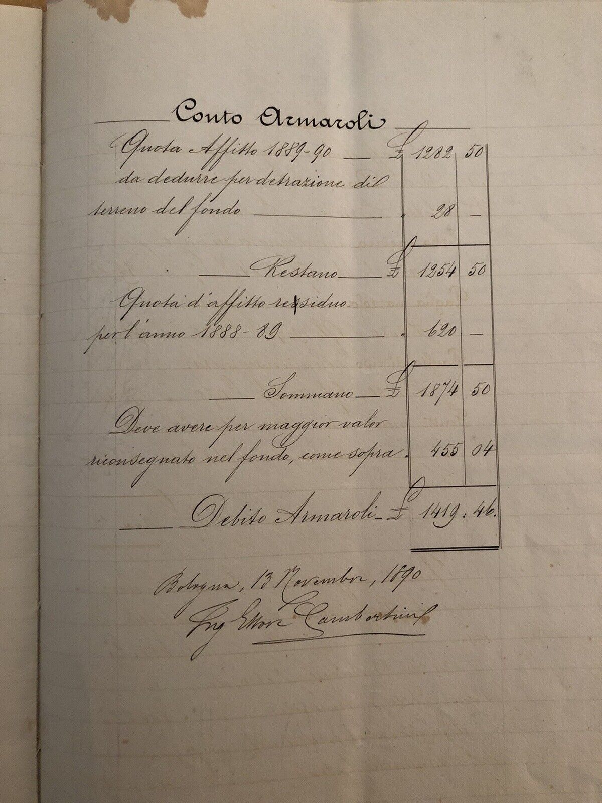 ANTICO DOCUMENTO Bologna, Podere Belcantone, atto notarile scritto a mano 1890