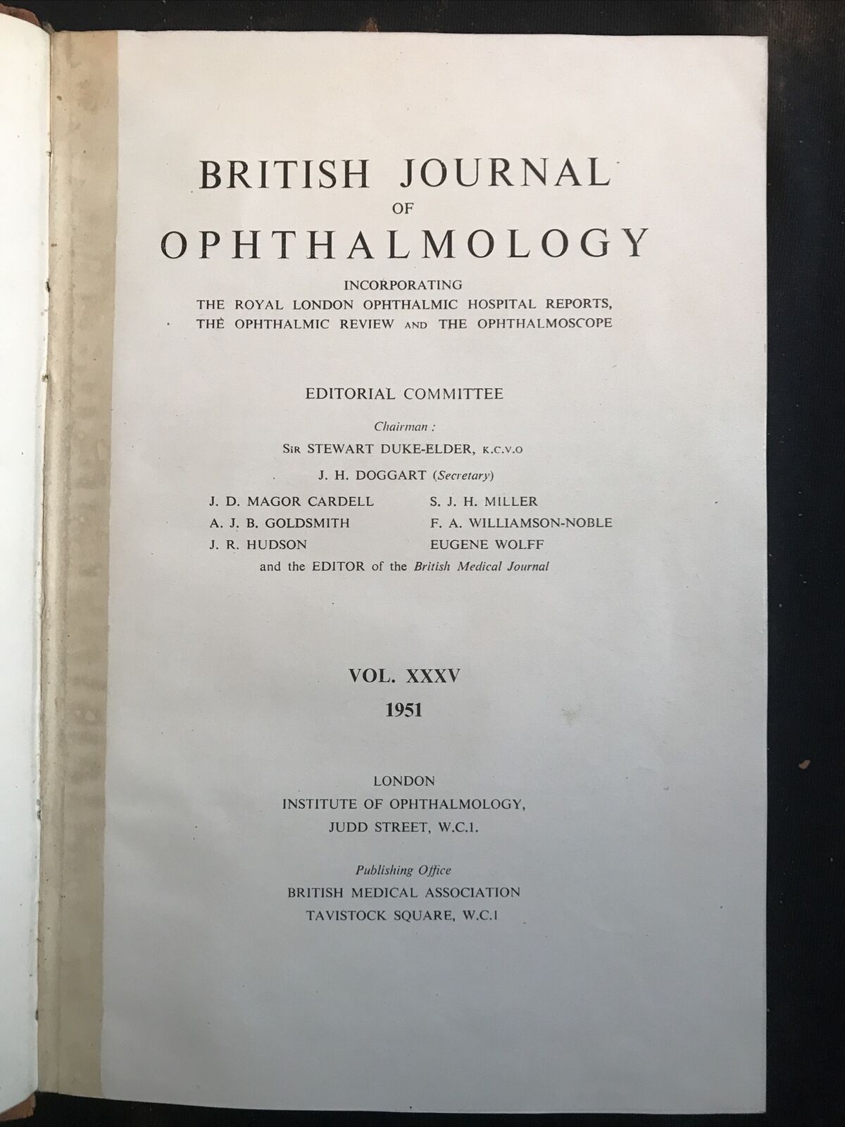 BRITISH JOURNAL OF OPHTHALMOLOGY, oftalmologia. Stewart Duke-Elder 1951 vol XXXV