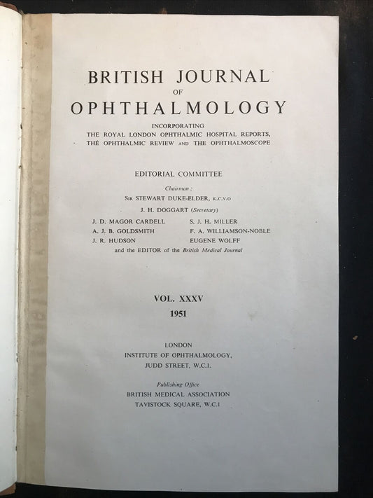 BRITISH JOURNAL OF OPHTHALMOLOGY, oftalmologia. Stewart Duke-Elder 1951 vol XXXV