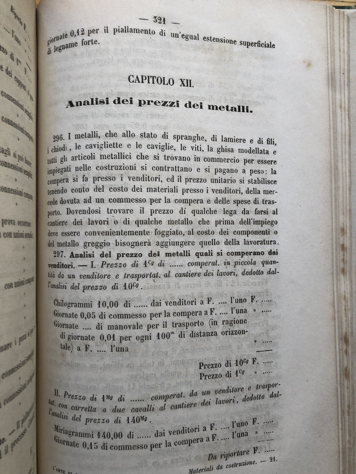 Materiali da costruzione Curioni Giovanni 1864 Prima edizione, legatura in pelle