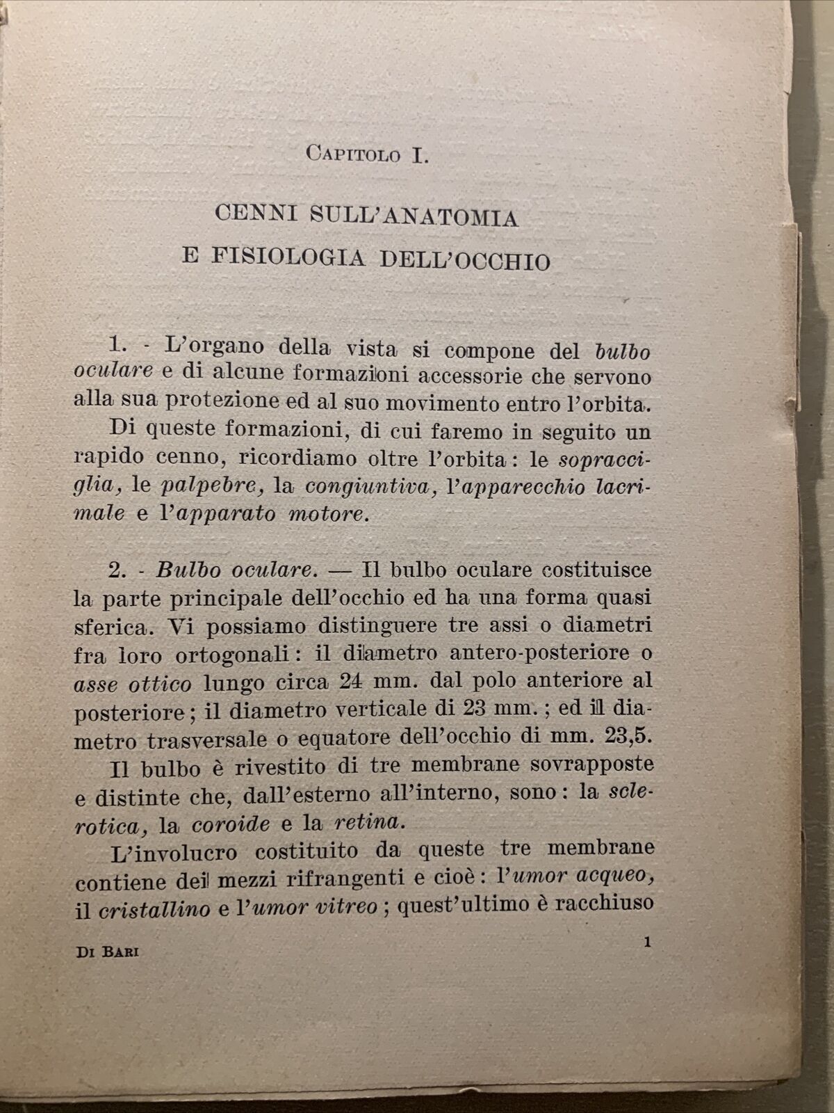 L'OCCHIO E IL MECCANISMO DELLA VISIONE - ENZO DI BARI. ZANICHELLI 1933 #