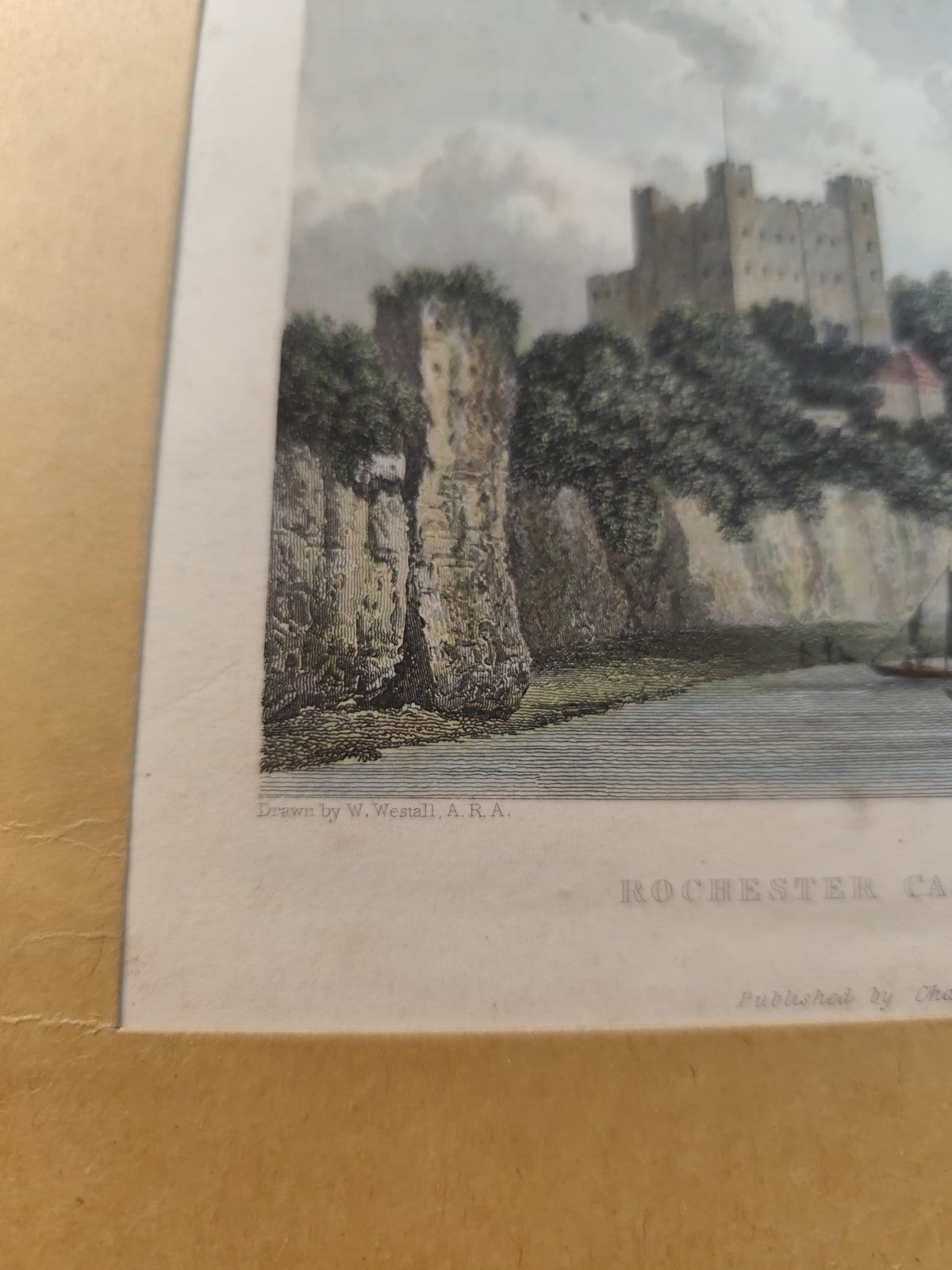 Acquaforte incisione James Fife - Rochester Castle 1829 Charles Tilt. pub.