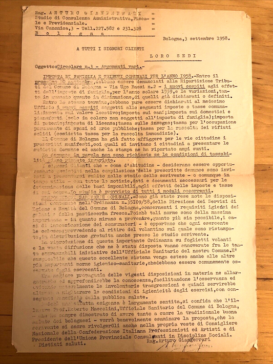 Bologna documento anni '50 tributi comune Bologna. imposta sui cani e pianoforti