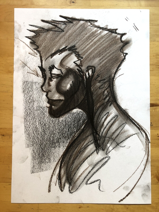 Disegno carboncino studio maschile - schizzo bozzetto a mano Volto di profilo