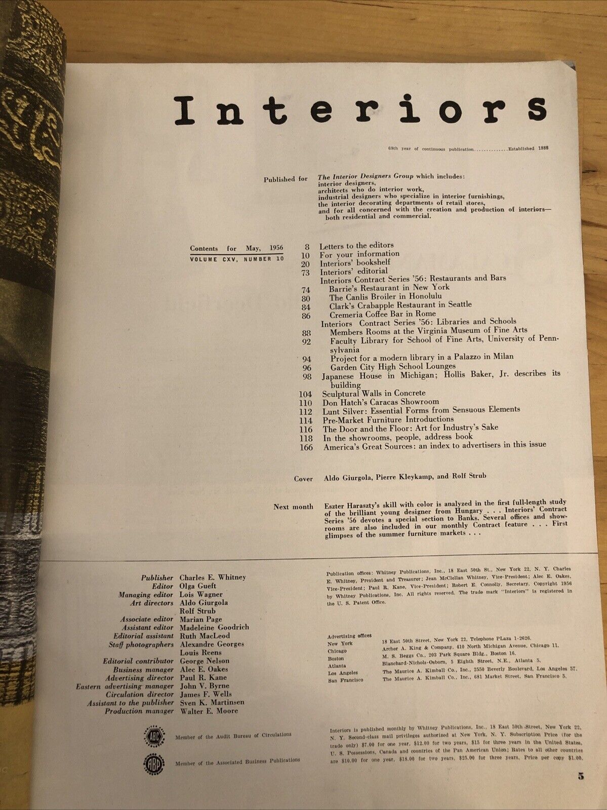 INTERIORS MAGAZINE MAY 1956 Olga Gueft - Interiors, design, architecture