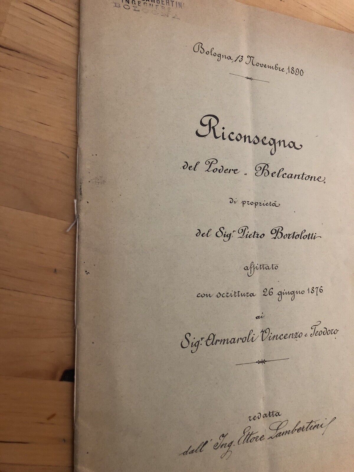 ANTICO DOCUMENTO Bologna, Podere Belcantone, atto notarile scritto a mano 1890