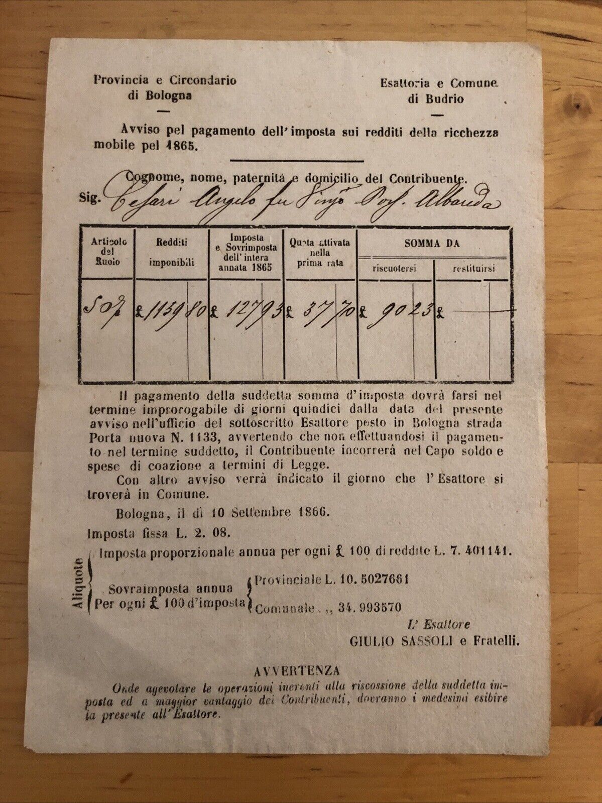 Bologna - Budrio antico documento 1865 pagamento imposta redditi della ricchezza