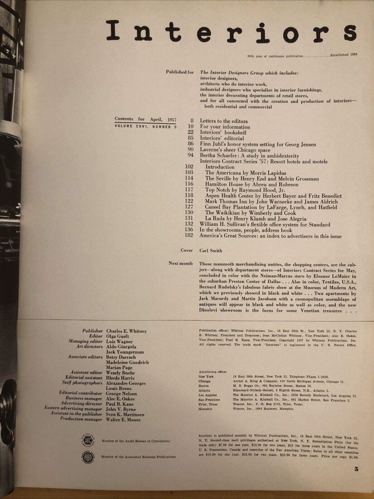 INTERIORS MAGAZINE APRIL 1957 Olga Gueft - Interiors, design, architecture
